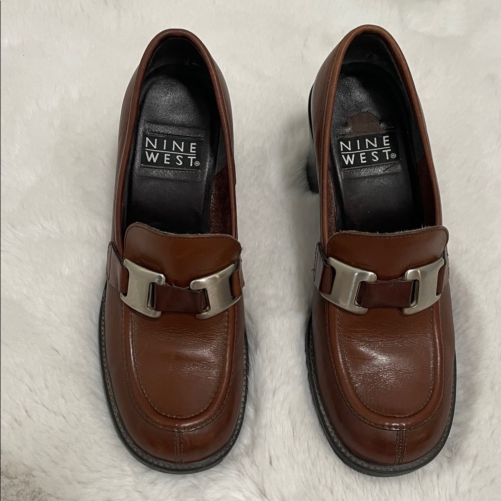 Vintage 90s Nine West Jenkins Brown Leather Chunky Heel Shoes Size 6M - Picture 4 of 14